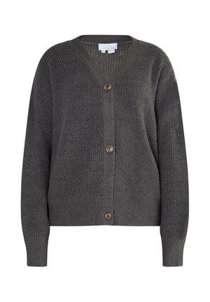 Cardigan din tricot cu fâșii gri închis, cu mâneci lungi, de coloană în V și trei nasturi maro pe partea din față.