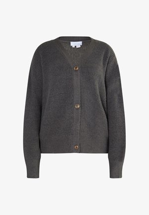 Cardigan a coste grigio scuro con maniche lunghe, scollo a V e tre bottoni marroni sul davanti.