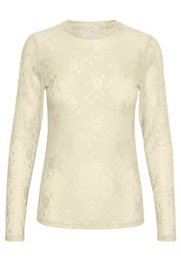 Helles beige Langarmoberteil aus strukturiertem Stoff mit floralem Muster. Rundhalsausschnitt und taillierte Silhouette mit nahtlosen Ärmeln.