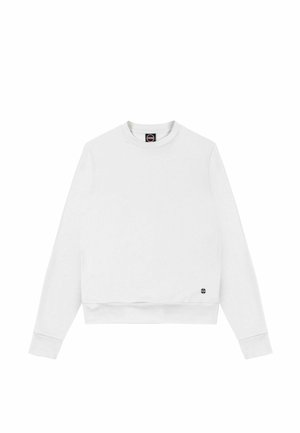 Felpa bianca a maniche lunghe con collo rotondo, polsini e orlo a costine, piccolo logo bianco e nero vicino all'orlo sul lato sinistro.