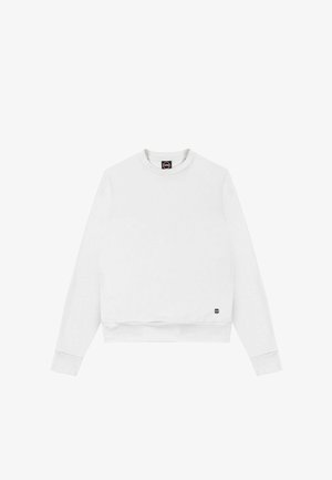 Valge pikkade varrukatega kampsun ümmarguse kaelusega, soonilised varrukasäärised ja allääred, vasaku külje allääre lähedal väike must-valge logo.