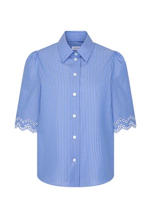 Blusa blu a maniche corte con strisce verticali bianche, chiusura frontale con bottoni, colletto a punta, maniche a sbuffo e bordo in pizzo sangallo sui bordi delle maniche.