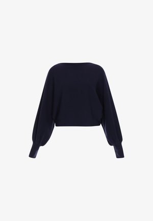 Laivastonsininen lyhythihainen neule, jossa on leveät ja volyymikkaat hihat; ribbikuviointi ja pyöreä pääntie; pehmeä neulottu materiaali.