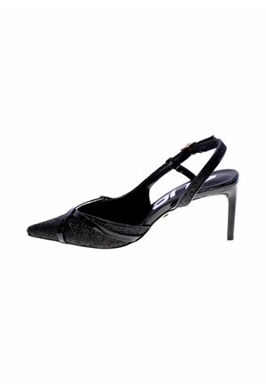 Décolleté slingback nero glitter con punta appuntita, cinturino sottile alla caviglia e tacco stiletto.
