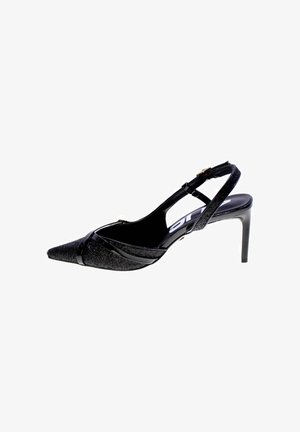 Décolleté slingback nero glitter con punta appuntita, cinturino sottile alla caviglia e tacco stiletto.