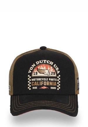 Casquette noire avec un dos en mesh, graphique de flammes orange et or, texte "VON DUTCH USA" et motif à damier. Visière incurvée avec des accents de couture.