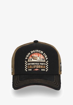 Casquette noire avec un dos en mesh, graphique de flammes orange et or, texte "VON DUTCH USA" et motif à damier. Visière incurvée avec des accents de couture.