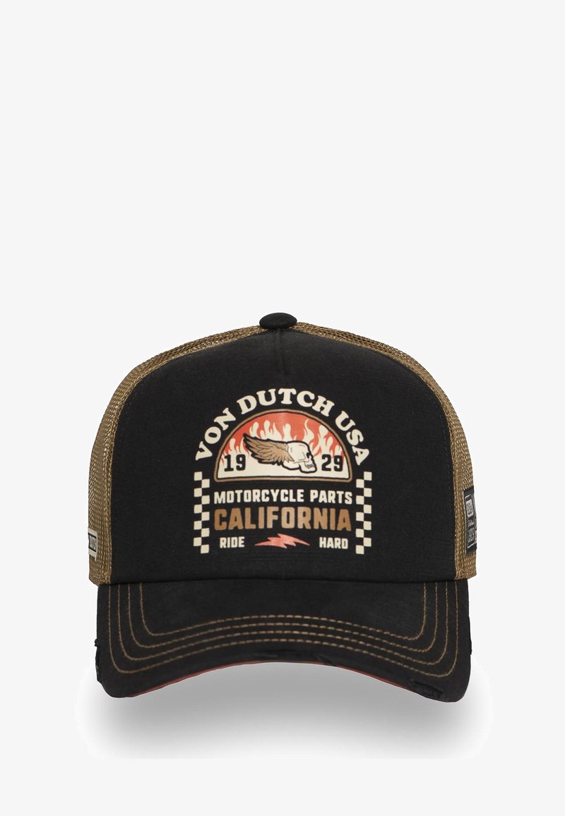 Casquette noire avec un dos en mesh, graphique de flammes orange et or, texte "VON DUTCH USA" et motif à damier. Visière incurvée avec des accents de couture.
