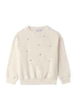 Felpa color crema con maniche lunghe e gather, e orlo a costine. Presenta dettagli in argento sparsi sulla parte anteriore.