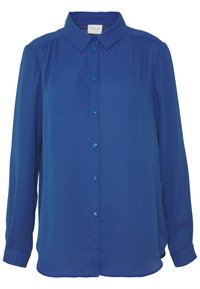 Blouse bleue à manches longues en tissu lisse, dotée d'un col classique et d'une fermeture à boutons sur le devant avec des boutons assortis.
