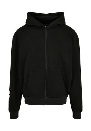 Sort zip-hoodie lavet af blødt stof, med en frontlomme og et pink ørnerelief på venstre ærme. Med hætte og ribbede manchetter.