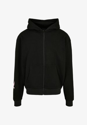 Schwarze Zip-Hoodie aus weichem Stoff, mit einer Vordertasche und einem pinken Adlerdesign auf dem linken Ärmel. Mit Kapuze und gerippten Bündchen.