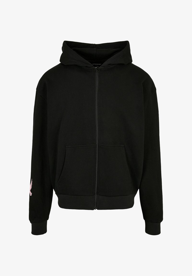 Sudadera con cremallera negra hecha de tela suave, con un bolsillo frontal y un diseño de águila rosa en la manga izquierda. Con capucha y puños de canalé.