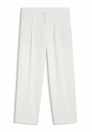 Witte, hoge taille, wijde pijpen broek met voorplooien, zijzakken, een tailleband en een kleine striksluiting aan de voorkant.