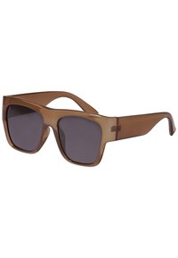Ochelari de soare semi-transparenti, maro, cu un cadru pătrat și lentile întunecate. Brațele sunt elegante și ușor curbate pentru un aspect modern.
