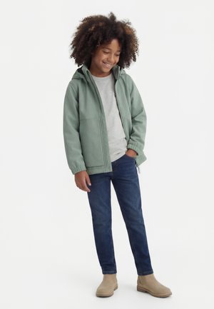 Usmievajúce sa dieťa s kučeravými vlasmi, oblečené v zelenej vetrovke so zipsom, sivej košeli, tmavomodrých džínsoch a béžových členkových topánkach, stojace s jednou rukou v vrecku.