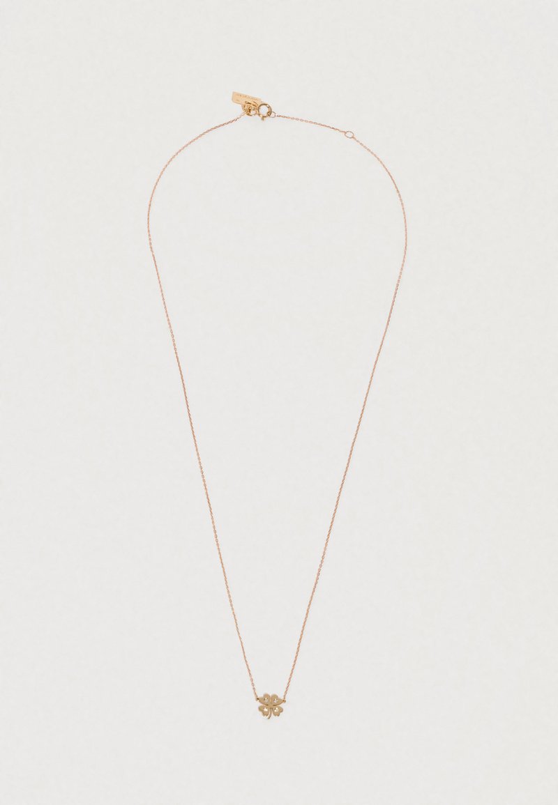 Colier din metal auriu cu un lanț delicat, având un mic pandantiv floral. Design simplu, cu un sistem de închidere sigur în spate.