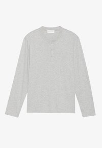 Sivá long-sleeve henley košeľa vyrobená z jemnej bavlny. Má okrúhly výstrih, trojmiestny zapínací systém a voľný strih.
