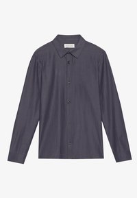 Camicia button-up grigia scura con colletto a punta, maniche lunghe e bottoni neri, caratterizzata da un tessuto testurizzato e una vestibilità comoda.
