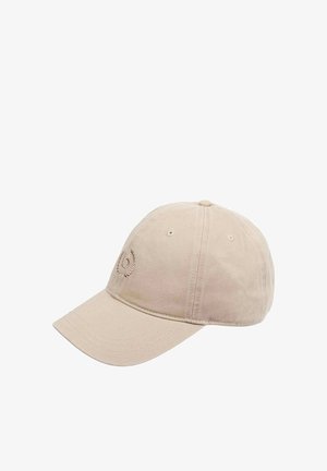 Beige cotton cap with a curved visor, featuring embroidered logo detail on the front and ventilation eyelets on the sides.
