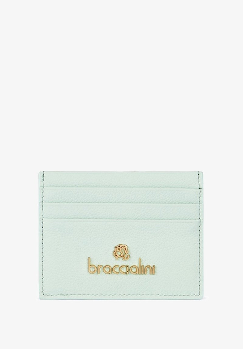 Portafoglio in pelle verde menta con quattro scomparti verticali per carte, logo impresso in oro. Texture liscia con bordi cuciti.