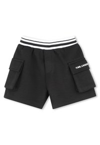 Zwarte shorts van zacht materiaal, met een witte gestreepte tailleband, twee zijzakken en een logo-detail op het been.