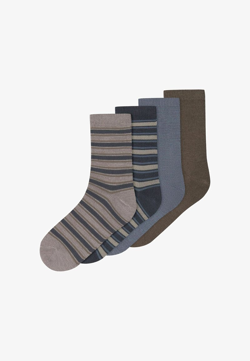 Quatre paires de chaussettes dans des tons de gris, bleu et marron ; une paire présente un motif rayé, les autres sont unies avec une texture côtelée.