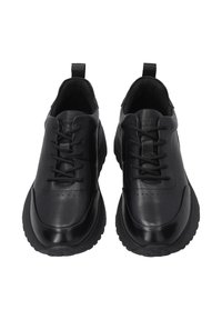 Black leather sneakers with a rounded toe, lace-up design, and textured sole. Features a rear pull tab and subtle perforations on the upper.
