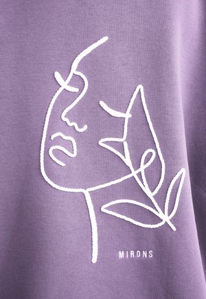 Lila Sweatshirt mit einer weißen gestickten Linienzeichnung eines Gesichts mit floralen Akzenten und dem Text "MIRONS" am unteren Rand.