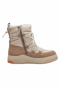 Botte imperméable beige et marron avec tige rembourrée, fermeture zippée, lacets décoratifs et semelle en caoutchouc texturée. Doublure en fausse fourrure en haut.