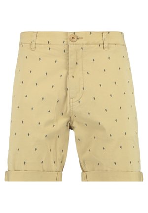 Beige shorts met kleine zwarte cactusprints, knoopsluiting, riemlussen en opgerolde zomen.