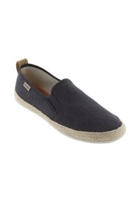 Scarpa slip-on in tela blu navy con bordo in paglia intrecciata e piccolo tassello in tessuto sul tallone.
