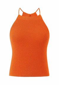 Oranje gebreide top met een hoge halslijn, een uitsnijding op de rug en dunne schouderbanden. Gestructureerd patroon in de stof.