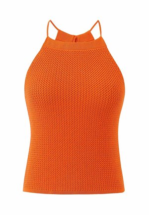 Top en tricot orange avec un col montant, une découpe dans le dos et des bretelles fines. Motif texturé sur tout le tissu.