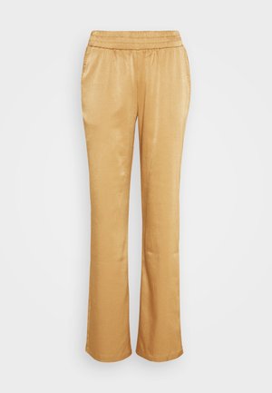 Gouden, satijnen broek met een relaxte pasvorm, elastische tailleband, zijzakken en een uitlopende pijpdesign. Soepele textuur en subtiele glans.