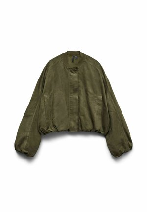 Olivgrüne, kurz geschnittene Jacke mit langen, aufgepufften Ärmeln, elastischem Saum, zwei Fronttaschen und einem verdeckten Reißverschluss vorne.