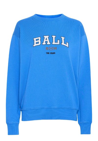 Blå hettegenser med rund hals som har "BALL 1974" i hvit og oransje brodering. Ribbestrikkede mansjetter og hem, glatt stofftekstur.