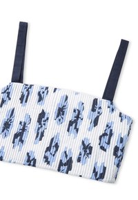 Top corto a righe blu e bianche con sottili spalline blu navy, caratterizzato da un motivo floreale in diverse tonalità di blu e una superficie testurizzata.