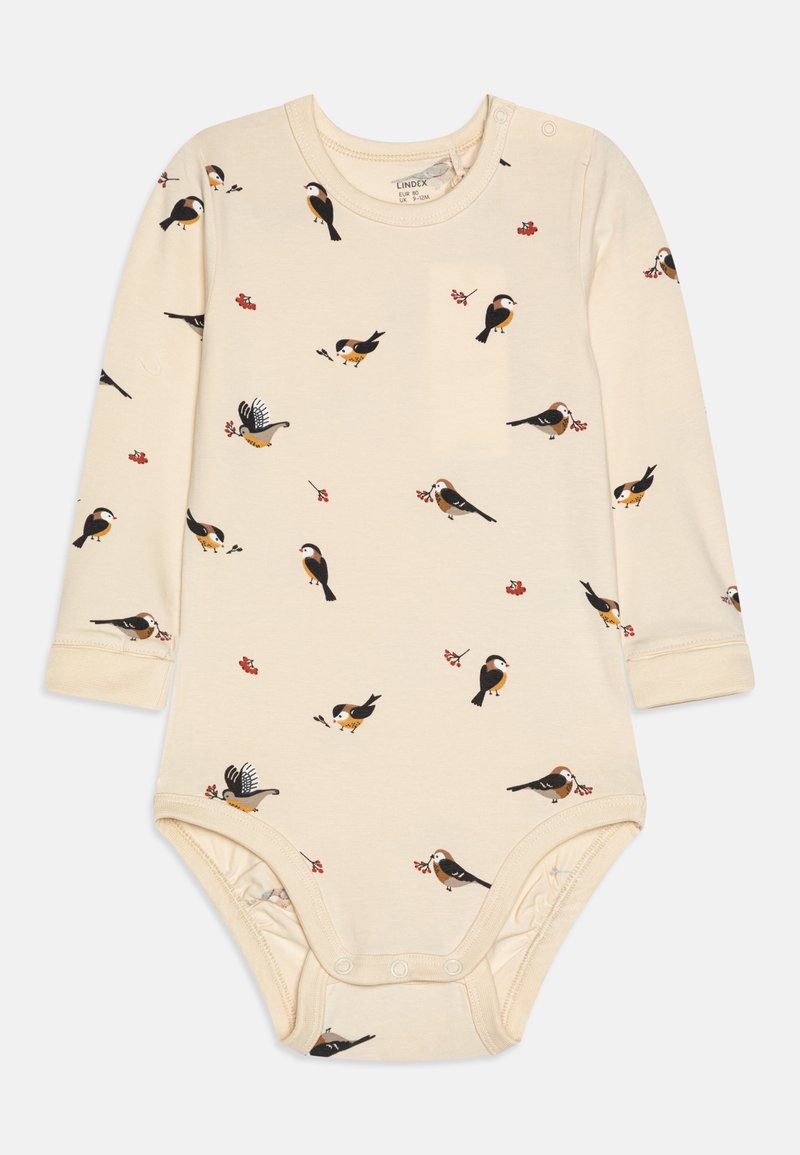 Long-sleeve bodysuit in cream cotton, featuring colorful bird prints and small red accents. Snap buttons at the shoulder and bottom for ease.