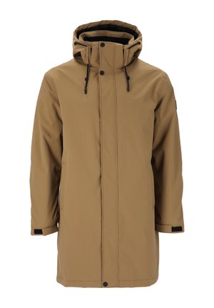 Braune wasserdichte Parkajacke mit hohem Kragen, verstellbarem Zugverschluss an der Kapuze, zwei seitlichen Taschen und Druckknopfverschlüssen an den Ärmeln.