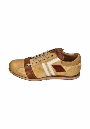 Beige and brown leather sneaker with white stripes, woven texture, brown patch marked "1928," and beige laces on rubber sole.