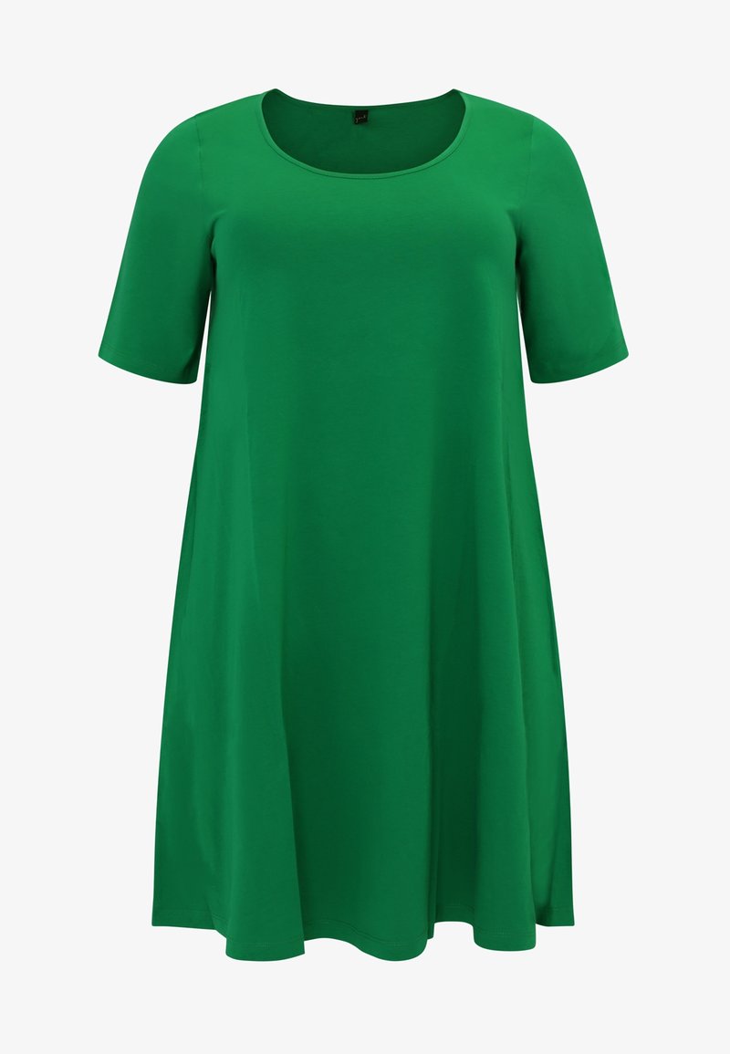 Robe verte courte à manches courtes, coupe trapèze avec un col rond, confectionnée dans un tissu lisse, présentée sur fond blanc.
