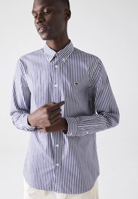 Button-up shirt in blue and white stripes, featuring a collar, long sleeves, and a small green logo. Smooth cotton fabric, traditional fit.