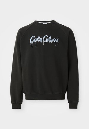 Sort sweatshirt med lange raglanærmer, tekstureret stof, med hvid og blå dryppende "Colucci" tekst på forsiden.
