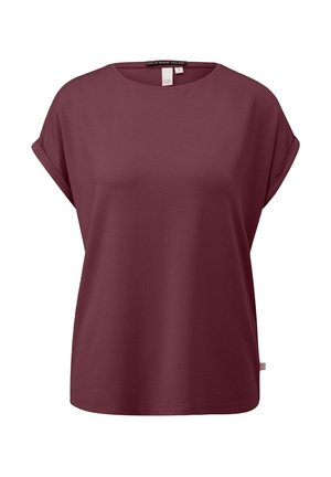 T-shirt femme à manches courtes et col rond, de couleur violet foncé, avec des revers de manches pliés et une petite étiquette latérale.