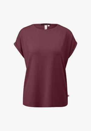 Damen-T-Shirt mit kurzen Ärmeln, Rundhalsausschnitt, dunkelviolett, mit umgeschlagenen Ärmelsäumen und kleinem Seitenschild.