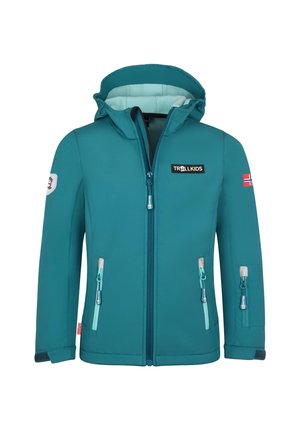 Teal blue children's hooded jacket with front zipper, two zippered side pockets, sleeve pocket, and Trollkids and Norwegian flag patches.