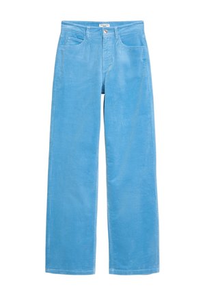 Lichtblauwe corduroybroek met brede pijpen, voorzien van vijf zakken, een knoopsluiting en zichtbare verticale geribbelde textuur.