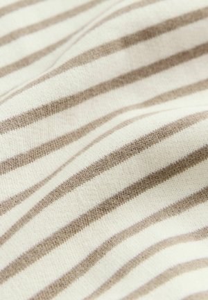 Le tissu en coton présente des rayures alternées de beige clair et de marron, avec une texture douce et un léger stretch, agencées en un motif ondulé.