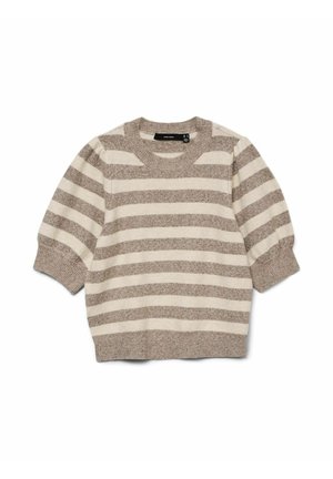 Stribet sweater i lys beige og taupe med korte ærmer, rund hals og blød tekstur. Ribstrikkede manchetter og kant.